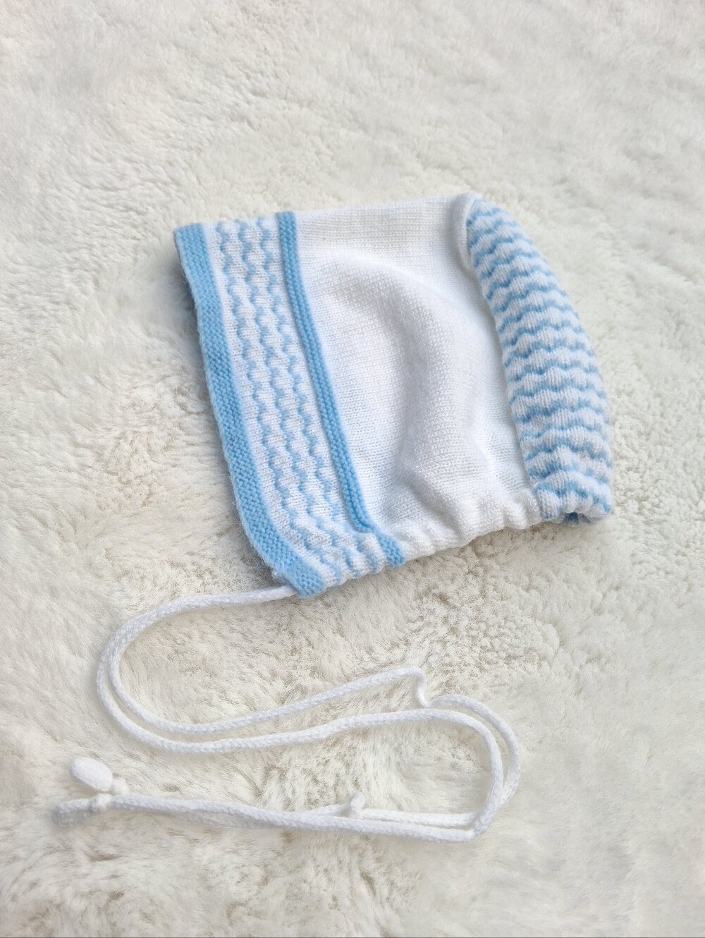 Baby Knit Bonnet in White and Light Blue - Kids Accessories Size 3-6m